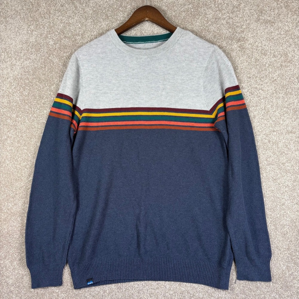 KAVU Mens Crew Neck Sweater Navy Gray Multi Color Stripe Retro Knit Small